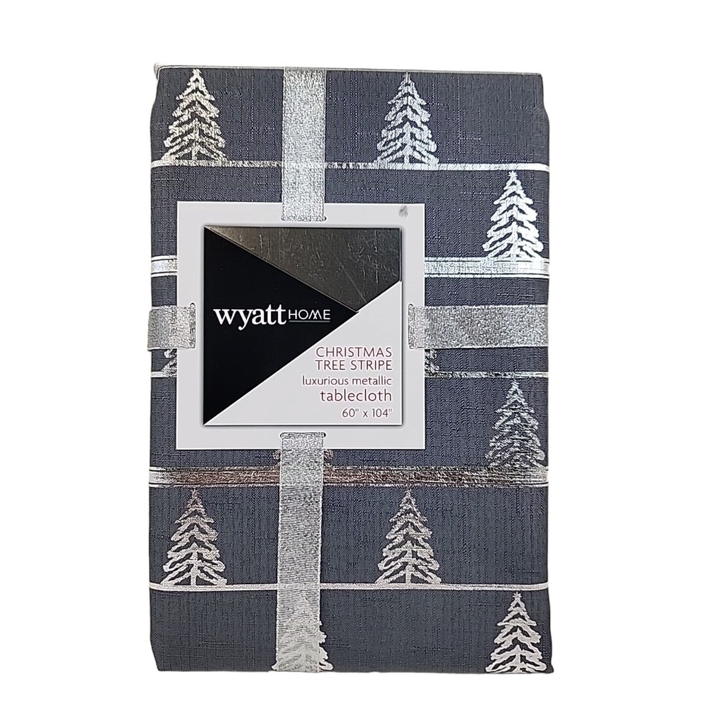 Wyatt Home Christmas Tree Tablecloth Metallic Silver 104x60" Luxurious Stripes